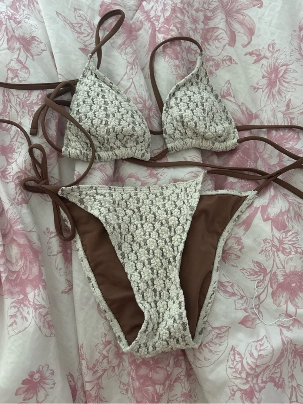 Zaful Cream & Brown Crochet Triangle Bikini Set